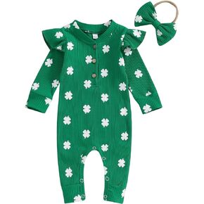 Newborn Baby Girl St. Patrick's Day Outfit Shamrock Ruffle Long Sleeve Romper Irish Ribbed Jumpsuit Headband