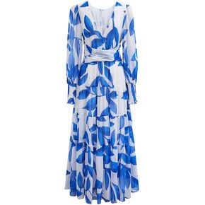 CHICWISH Women Long Sleeves Chiffon Maxi Dress V-Neck Leaf Printed Casual Spring Summer High Waist Blue Long Dress
