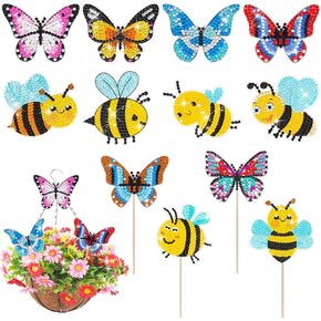 Hooqict 12 Pcs Butterfly Diamond Art Kits for Garden Decor Kids Adults Diamond Art Crafts Painting Butterfly Garden Stakes Butterfly Diamond Art Accessories for Girls Women Plants Bouquets Decor
