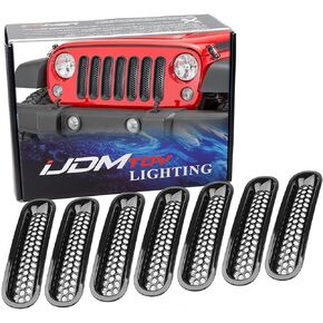 iJDMTOY 7-Piece Set Black Front Grille Trim Insert Cover Kit Compatible With Jeep 2007-2017 Wrangler JK 2-Door 4-Door