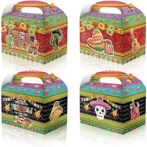 12 Packs Mexican Fiesta Treat Gift Boxes Cinco De Mayo Party Gift Box Cactus Avocados Chili Sombrero Candy Goodie Cardboard Boxes with Handles for Snacks, Mexican Birthday Party Supplies Favors