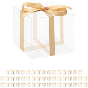 50 Pack PET Clear Party Favors Boxes with Ribbon, 3"x3"x3" Plastic Favors Boxes Macaron Packaging Boxes Bakery Boxes, Candy Containers for Chocolate Desserts Cookies Muffins