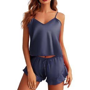 ADSEXY Womens Satin Pajamas Sexy Sleepwear Lingerie Set 2 Piece Silk Cami Shorts Set V Neck Lace Camisole Nightwear