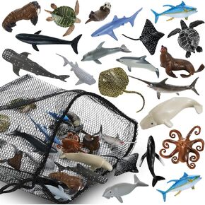 20 Pack Realistic Shark Toys Ocean Animals Toys with Mesh Bag Assorted Sea Animal Toys Including Shark, Whale, Dolphin Bath Toys for Ocean Life Party Decor Party Favors for Daughter and Son