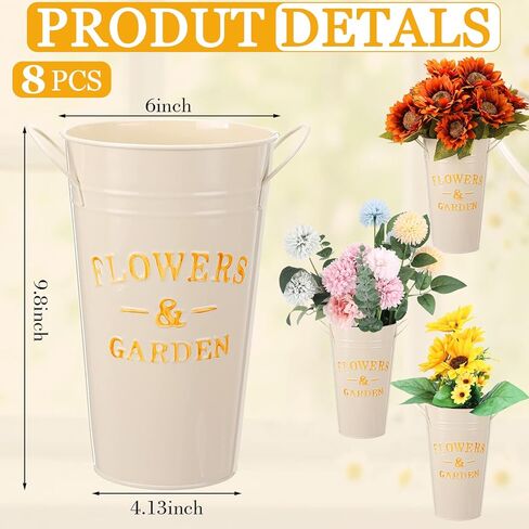 8 قطع 9.8 بوصة دلاء الزهور السائبة المجلفن المعادن زهرية دلو مع مقابض زارع الفرنسية الجدول مزرعة بائع الزهور قطع زهرية لحفل الزفاف in Kuwait