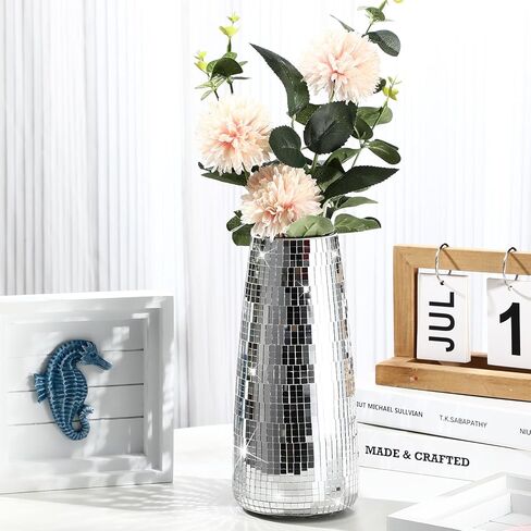 Disco Ball Flower Vase Silver Disco Ball Planter Mirrored Disco Vase Glitter Mosaic Glass Vase for Home Table Living Room Decorations Wedding Flower Arrangement Gift, 9 in Tall in Kuwait
