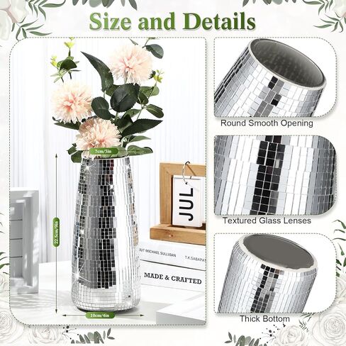 Disco Ball Flower Vase Silver Disco Ball Planter Mirrored Disco Vase Glitter Mosaic Glass Vase for Home Table Living Room Decorations Wedding Flower Arrangement Gift, 9 in Tall in Kuwait