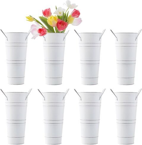 Galvanized Flower Bucket 8 Pcs Rustic Floral Metal Vases with Handles for Home Wedding Table Centerpiece Decor (White, 9 Inch) (Black) in Saudi Arabia