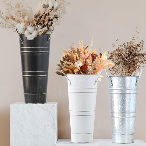 Galvanized Flower Bucket 8 Pcs Rustic Floral Metal Vases with Handles for Home Wedding Table Centerpiece Decor (White, 9 Inch) (Black) in Saudi Arabia