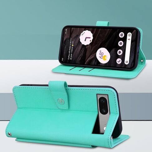 حافظة محفظة لهاتف Google Pixel 7 5G (2022) مع حامل بطاقة ومسند قابل للطي، غطاء جلد PU + زر ضغط مغناطيسي داخلي من مادة TPU مع حبل معصم لغطاء الوجه Pixel 7 (6.3")، فيروزي in Saudi Arabia