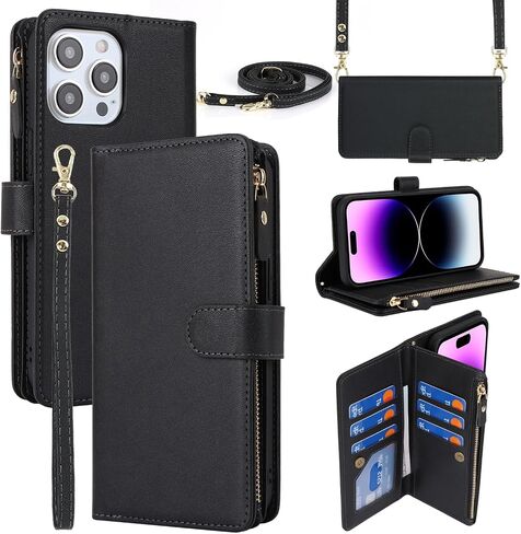 iCoverCase Compatible with iPhone 15 Pro Max Crossbody Case with Strap, Wallet Phone Case Card Holder [Not Detachable] PU Leather Kickstand Zipper Lanyard Case 6.7" (Black) in Kuwait