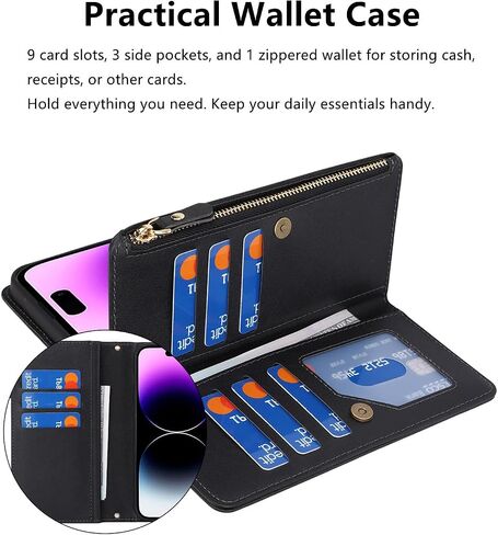 iCoverCase Compatible with iPhone 15 Pro Max Crossbody Case with Strap, Wallet Phone Case Card Holder [Not Detachable] PU Leather Kickstand Zipper Lanyard Case 6.7" (Black) in Kuwait