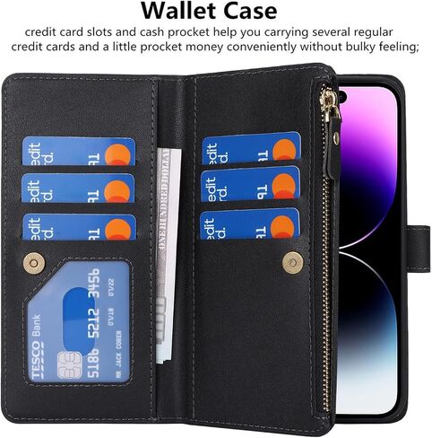 iCoverCase Compatible with iPhone 15 Pro Max Crossbody Case with Strap, Wallet Phone Case Card Holder [Not Detachable] PU Leather Kickstand Zipper Lanyard Case 6.7" (Black) in Kuwait