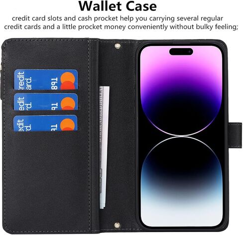 iCoverCase Compatible with iPhone 15 Pro Max Crossbody Case with Strap, Wallet Phone Case Card Holder [Not Detachable] PU Leather Kickstand Zipper Lanyard Case 6.7" (Black) in Kuwait