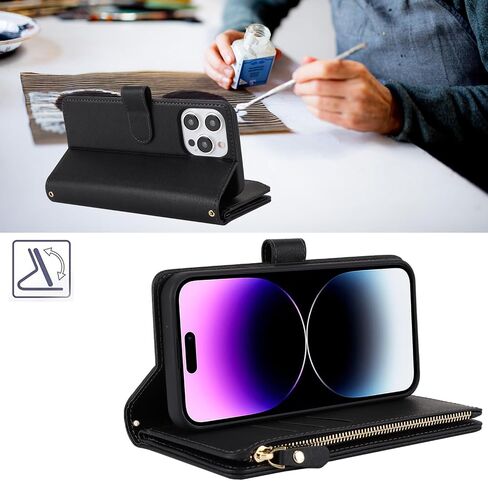 iCoverCase Compatible with iPhone 15 Pro Max Crossbody Case with Strap, Wallet Phone Case Card Holder [Not Detachable] PU Leather Kickstand Zipper Lanyard Case 6.7" (Black) in Kuwait