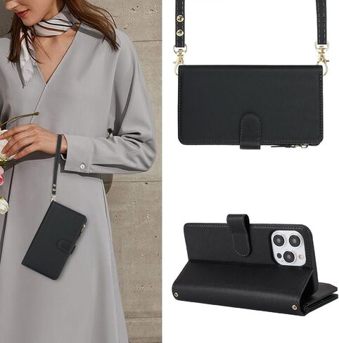 iCoverCase Compatible with iPhone 15 Pro Max Crossbody Case with Strap, Wallet Phone Case Card Holder [Not Detachable] PU Leather Kickstand Zipper Lanyard Case 6.7" (Black) in Kuwait