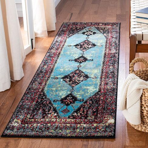 سجادة عداء من مجموعة همدان العتيقة من SAFAVIEH - 2'3" × 8'، أحمر وأزرق فاتح، تصميم فارسي شرقي، لا يتساقط ويسهل العناية بها، مثالية للمناطق ذات حركة المرور العالية في غرفة المعيشة وغرفة النوم (VTH217Q) in Saudi Arabia