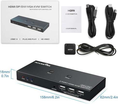 محول USB 2.0 HDMI KVM، شارك جهازي كمبيوتر إلى شاشة واحدة USB KVM محول محول 4Kx2K@60 هرتز عالي الدقة، 3 أجهزة USB تدعم لوحة المفاتيح اللاسلكية والماوس، قرص USB، الطابعة، كاميرا USB إلخ.ST-KVMQ150 in Kuwait