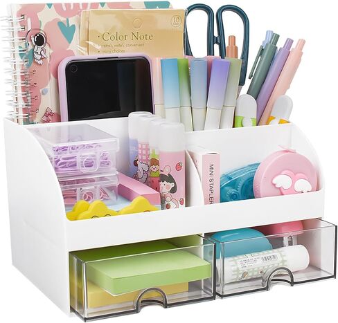 Desk Organizer with 2 Drawers, Multi-Functional Pen Pencil Holder for Desk, Desk Organizers and Accessories Storage Box Caddy with 6 Compartments + Drawers for Office Art Supplies in Saudi Arabia