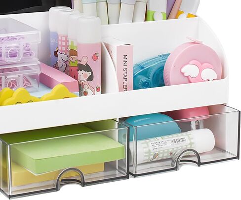 Desk Organizer with 2 Drawers, Multi-Functional Pen Pencil Holder for Desk, Desk Organizers and Accessories Storage Box Caddy with 6 Compartments + Drawers for Office Art Supplies in Saudi Arabia