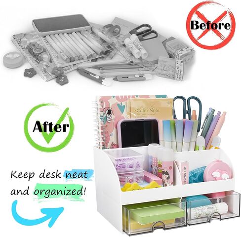 Desk Organizer with 2 Drawers, Multi-Functional Pen Pencil Holder for Desk, Desk Organizers and Accessories Storage Box Caddy with 6 Compartments + Drawers for Office Art Supplies in Saudi Arabia
