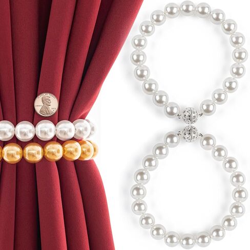 Magnetic Curtain Tiebacks - Elegant Pearl Design, Versatile Curtains Tie Backs for Stylish Room Décor, Nickel-Plated Grip, Tool-Free & Drill-Free, 2 Pack holders, Gold in Saudi Arabia