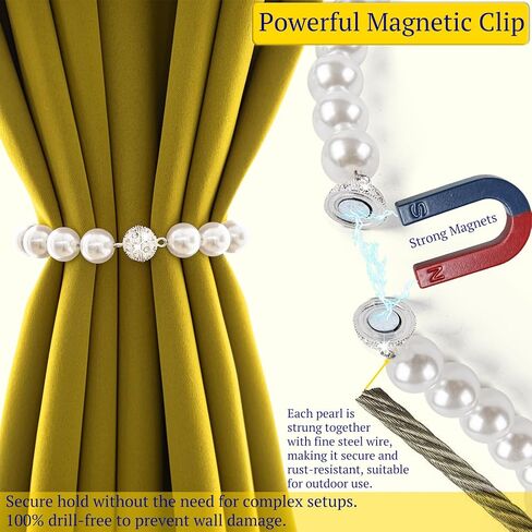 Magnetic Curtain Tiebacks - Elegant Pearl Design, Versatile Curtains Tie Backs for Stylish Room Décor, Nickel-Plated Grip, Tool-Free & Drill-Free, 2 Pack holders, Gold in Saudi Arabia