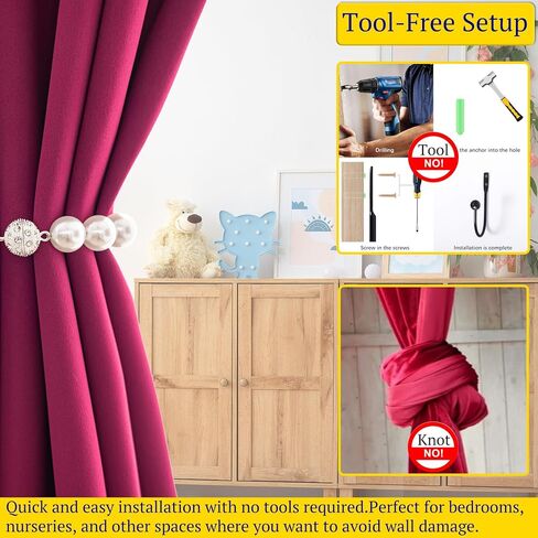 Magnetic Curtain Tiebacks - Elegant Pearl Design, Versatile Curtains Tie Backs for Stylish Room Décor, Nickel-Plated Grip, Tool-Free & Drill-Free, 2 Pack holders, Gold in Saudi Arabia