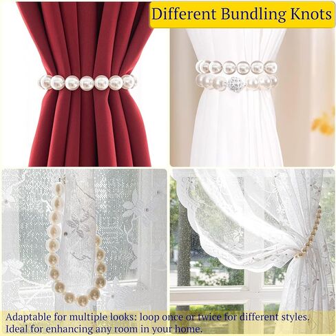 Magnetic Curtain Tiebacks - Elegant Pearl Design, Versatile Curtains Tie Backs for Stylish Room Décor, Nickel-Plated Grip, Tool-Free & Drill-Free, 2 Pack holders, Gold in Saudi Arabia