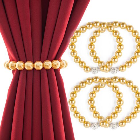 Magnetic Curtain Tiebacks - Elegant Pearl Design, Versatile Curtains Tie Backs for Stylish Room Décor, Nickel-Plated Grip, Tool-Free & Drill-Free, 2 Pack holders, Gold in Saudi Arabia