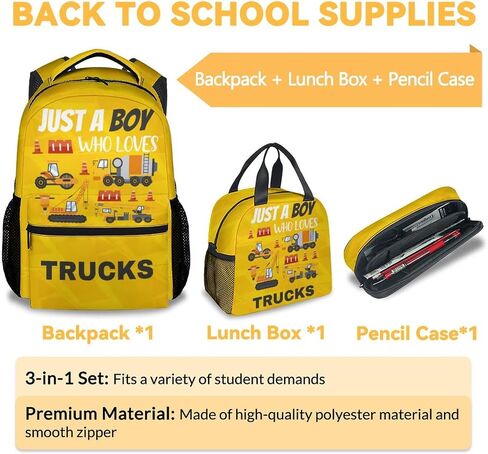 School Backpack for Boys - 17 Inch Large Capacity Aesthetic Construction Kid Backpack - Yellow Durable Truck Bookbag for School, Travel and Camp in Saudi Arabia