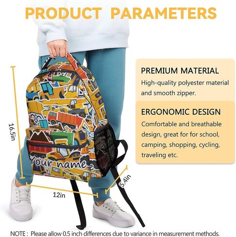 School Backpack for Boys - 17 Inch Large Capacity Aesthetic Construction Kid Backpack - Yellow Durable Truck Bookbag for School, Travel and Camp in Saudi Arabia