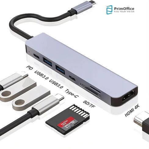 USB C Hub Multiport Adapter 7 in 1 with HDMI Adapter 4K, 100W PD Charging, Two USB 3.0 5Gbps Ports, SD-TF Ports, USB-C Adapter. Docking Station Compatible with MacBook, HP, Lenovo. USB Extender. in Kuwait
