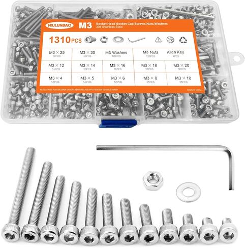 1310PCS M3 x 4/5/6/8/10/12/14/16/18/20/25/30mm Hex Socket Head Cap Screws Bolts and Nuts Flat Washers Assortment Kit, 304 Stainless Steel, Metric Machine Fully Thread, Allen Hex Drive in Kuwait