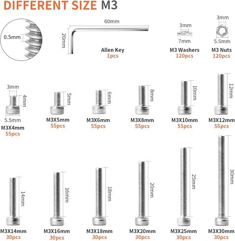 1310PCS M3 x 4/5/6/8/10/12/14/16/18/20/25/30mm Hex Socket Head Cap Screws Bolts and Nuts Flat Washers Assortment Kit, 304 Stainless Steel, Metric Machine Fully Thread, Allen Hex Drive in Kuwait