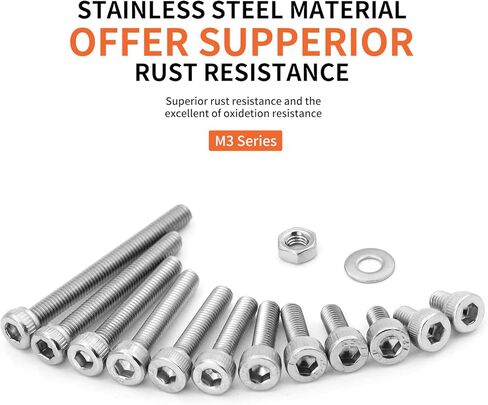 1310PCS M3 x 4/5/6/8/10/12/14/16/18/20/25/30mm Hex Socket Head Cap Screws Bolts and Nuts Flat Washers Assortment Kit, 304 Stainless Steel, Metric Machine Fully Thread, Allen Hex Drive in Kuwait