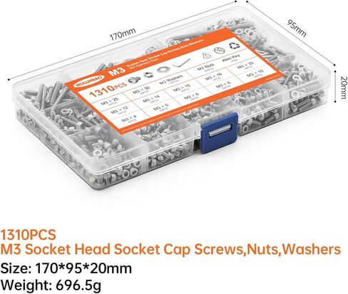 1310PCS M3 x 4/5/6/8/10/12/14/16/18/20/25/30mm Hex Socket Head Cap Screws Bolts and Nuts Flat Washers Assortment Kit, 304 Stainless Steel, Metric Machine Fully Thread, Allen Hex Drive in Kuwait