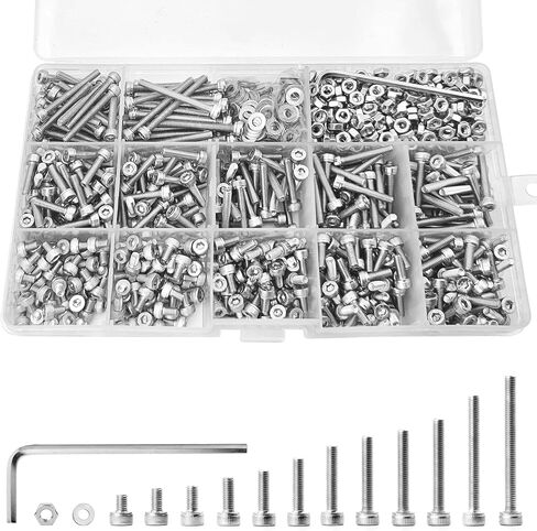 1310PCS M3 x 4/5/6/8/10/12/14/16/18/20/25/30mm Hex Socket Head Cap Screws Bolts and Nuts Flat Washers Assortment Kit, 304 Stainless Steel, Metric Machine Fully Thread, Allen Hex Drive in Kuwait
