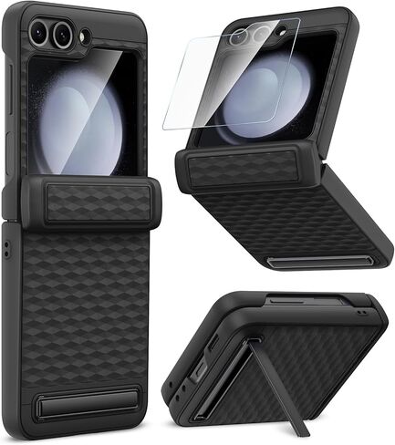 Ruky for Samsung Galaxy Z Flip 5 Case with Kickstand, with Built-in Back Screen Protector and Hinge Protection, [3D Ergonomic Design] Case for Samsung Galaxy Z Flip 5, Black in Saudi Arabia