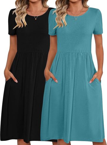 2 Pack Women Short Sleeve Dresses, Loose Fit Casual T Shirt Dress, Ladies Knee Length Swing Dress with Pockets in Kuwait