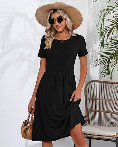 2 Pack Women Short Sleeve Dresses, Loose Fit Casual T Shirt Dress, Ladies Knee Length Swing Dress with Pockets in Kuwait