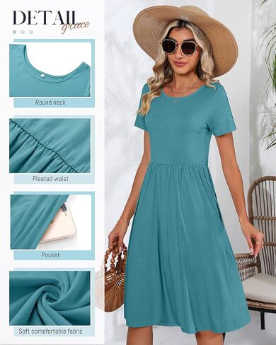 2 Pack Women Short Sleeve Dresses, Loose Fit Casual T Shirt Dress, Ladies Knee Length Swing Dress with Pockets in Kuwait