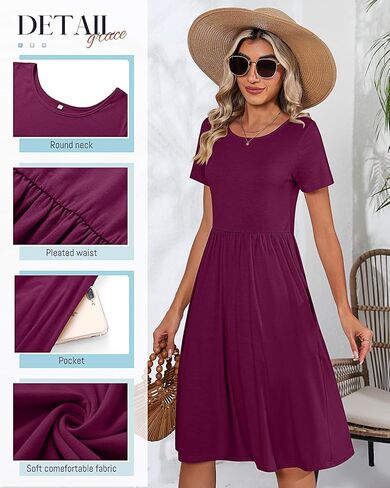 2 Pack Women Short Sleeve Dresses, Loose Fit Casual T Shirt Dress, Ladies Knee Length Swing Dress with Pockets in Kuwait