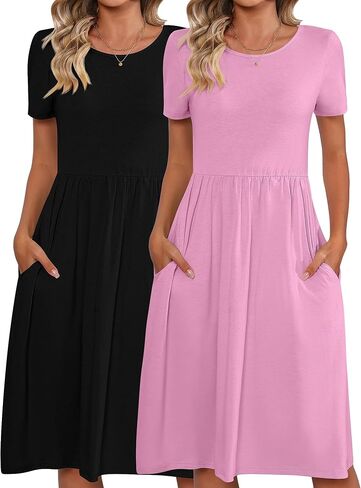 2 Pack Women Short Sleeve Dresses, Loose Fit Casual T Shirt Dress, Ladies Knee Length Swing Dress with Pockets in Kuwait