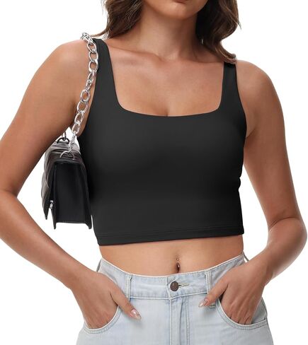 Women's Double Lined Square Neck Tank Tops Sleeveless Workout Fitness Casual Basic Crop Tops in Saudi Arabia