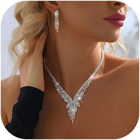 JAKAWIN العروس الفضة الزفاف قلادة طقم من الحلقان كريستال مجوهرات الزفاف مجموعة حجر الراين المختنق قلادة للنساء NK332 in Kuwait