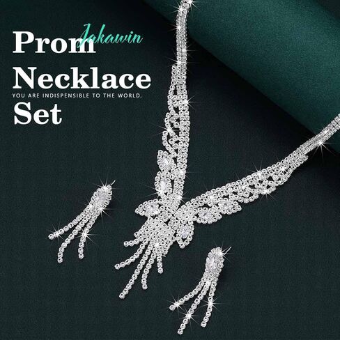 JAKAWIN العروس الفضة الزفاف قلادة طقم من الحلقان كريستال مجوهرات الزفاف مجموعة حجر الراين المختنق قلادة للنساء NK332 in Kuwait