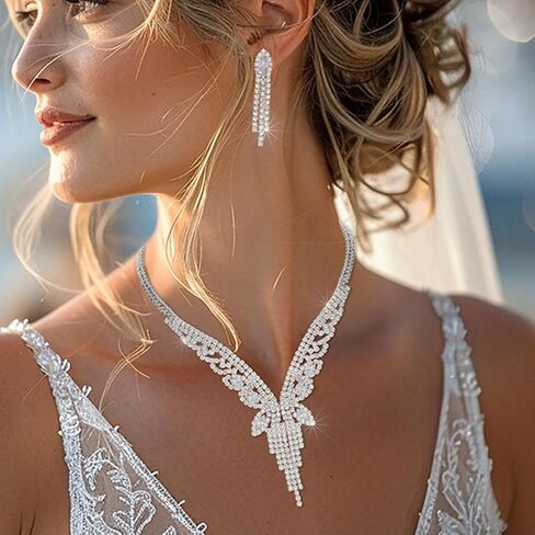 JAKAWIN العروس الفضة الزفاف قلادة طقم من الحلقان كريستال مجوهرات الزفاف مجموعة حجر الراين المختنق قلادة للنساء NK332 in Kuwait