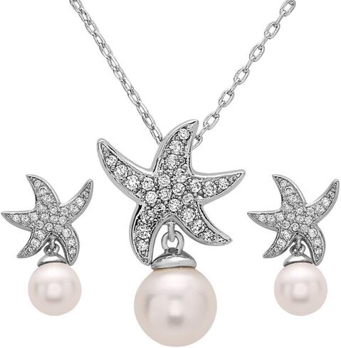 White Gold Plated Beach Wedding Starfish Cubic Zirconia Simulated Pearl Earring & Necklace Set in Saudi Arabia