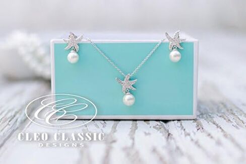 White Gold Plated Beach Wedding Starfish Cubic Zirconia Simulated Pearl Earring & Necklace Set in Saudi Arabia